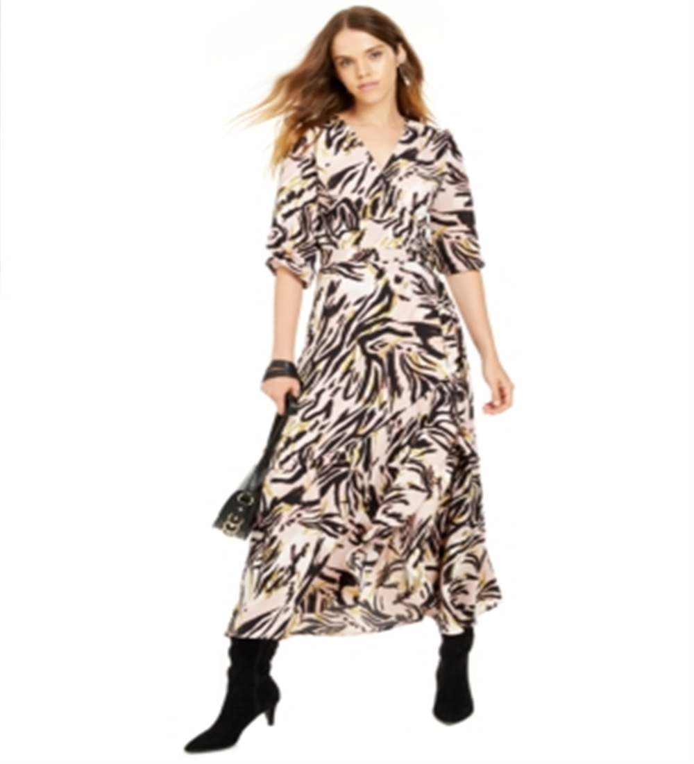 Bar III Women's Animal Print 3/4 Sleeve V Neck Maxi Wrap Dress Pink Size XXS