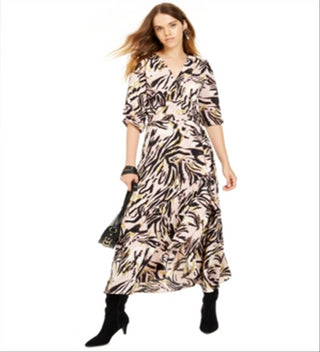 Bar III Women's Animal Print 3/4 Sleeve V Neck Maxi Wrap Dress Pink Size XXS