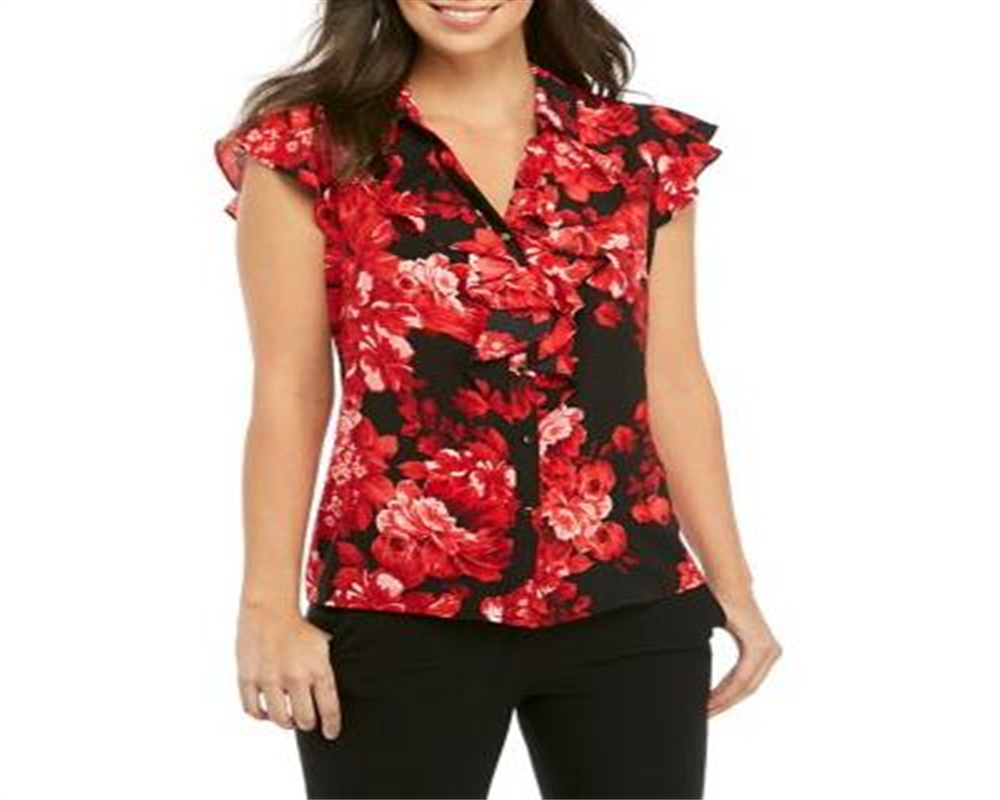 Calvin Klein Women's Multi Short Cap Sleeve Floral Blouse Red Size X-Lage