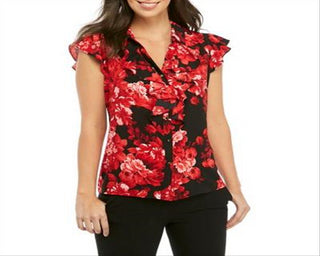 Calvin Klein Women's Multi Short Cap Sleeve Floral Blouse Red Size X-Lage