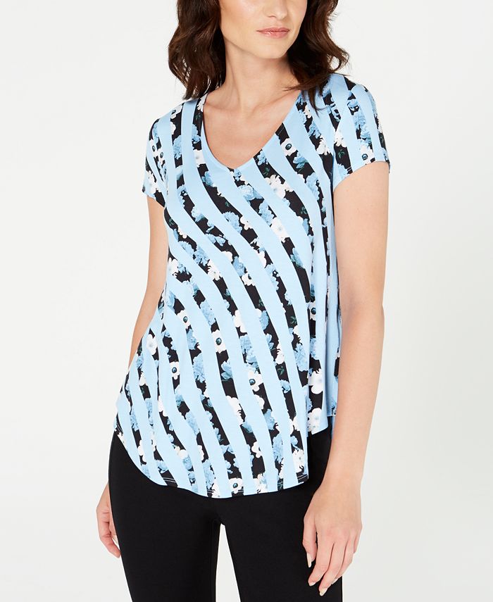 Alfani  Women's Printed Short Sleeve V Neck T-Shirt Blue Size  M