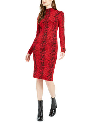 Bar III Women's Long Sleeve Below the Knee Body Con Dress Red Size Large