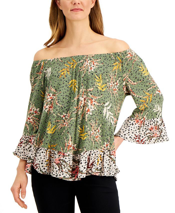 Style & Co Women's Off the Shoulder Printed Top Green Size Medium