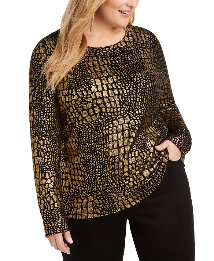 INC International Concepts Women's Croco Print Sweater Gold -Black  Size 0X