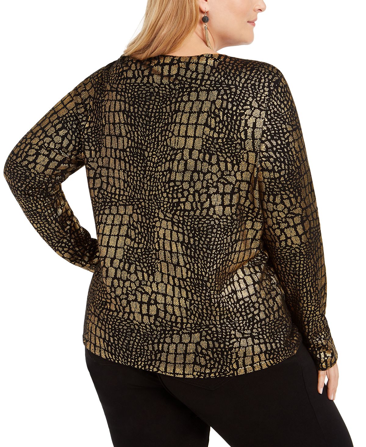 INC International Concepts Women's Croco Print Sweater Gold -Black  Size 0X