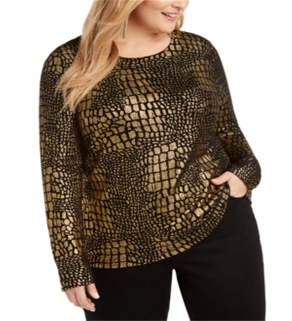 INC International Concepts Women's Croco Print Sweater Gold -Black  Size 0X