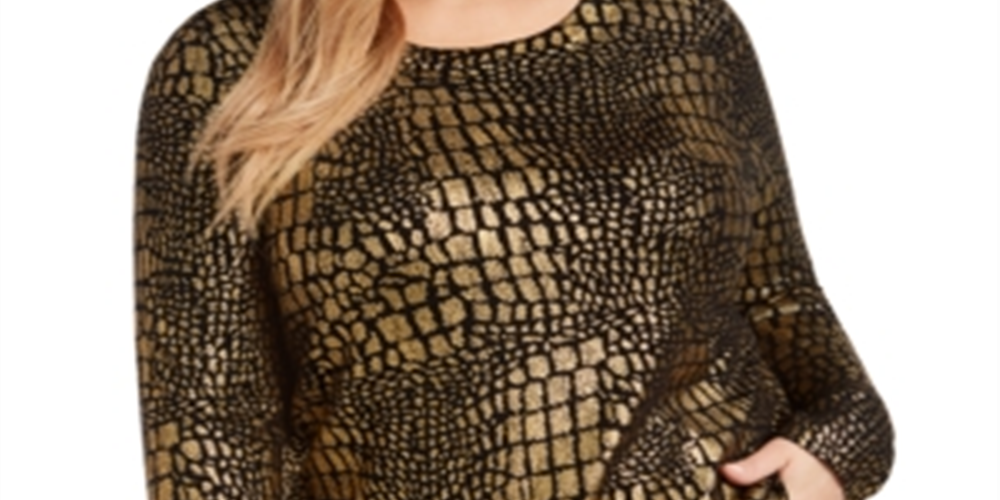 INC International Concepts Women's Croco Print Sweater Gold -Black  Size 0X