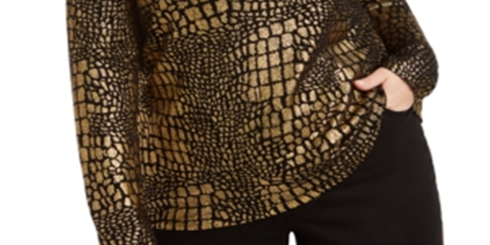 INC International Concepts Women's Croco Print Sweater Gold -Black  Size 0X