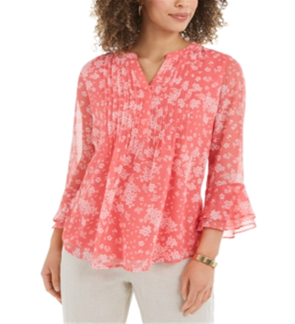 Charter Club Women's Printed Pintuck Ruffled-Sleeve Top  Red Size S