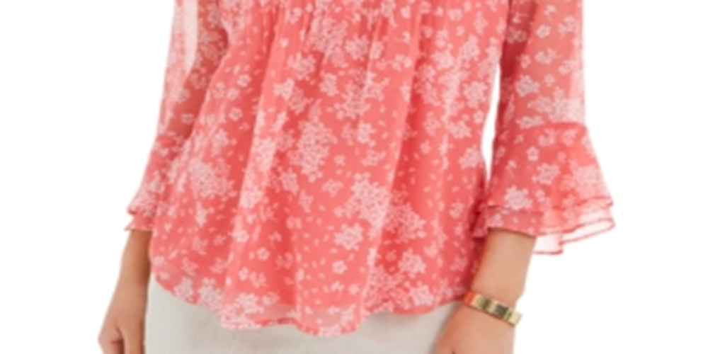 Charter Club Women's Printed Pintuck Ruffled-Sleeve Top  Red Size S