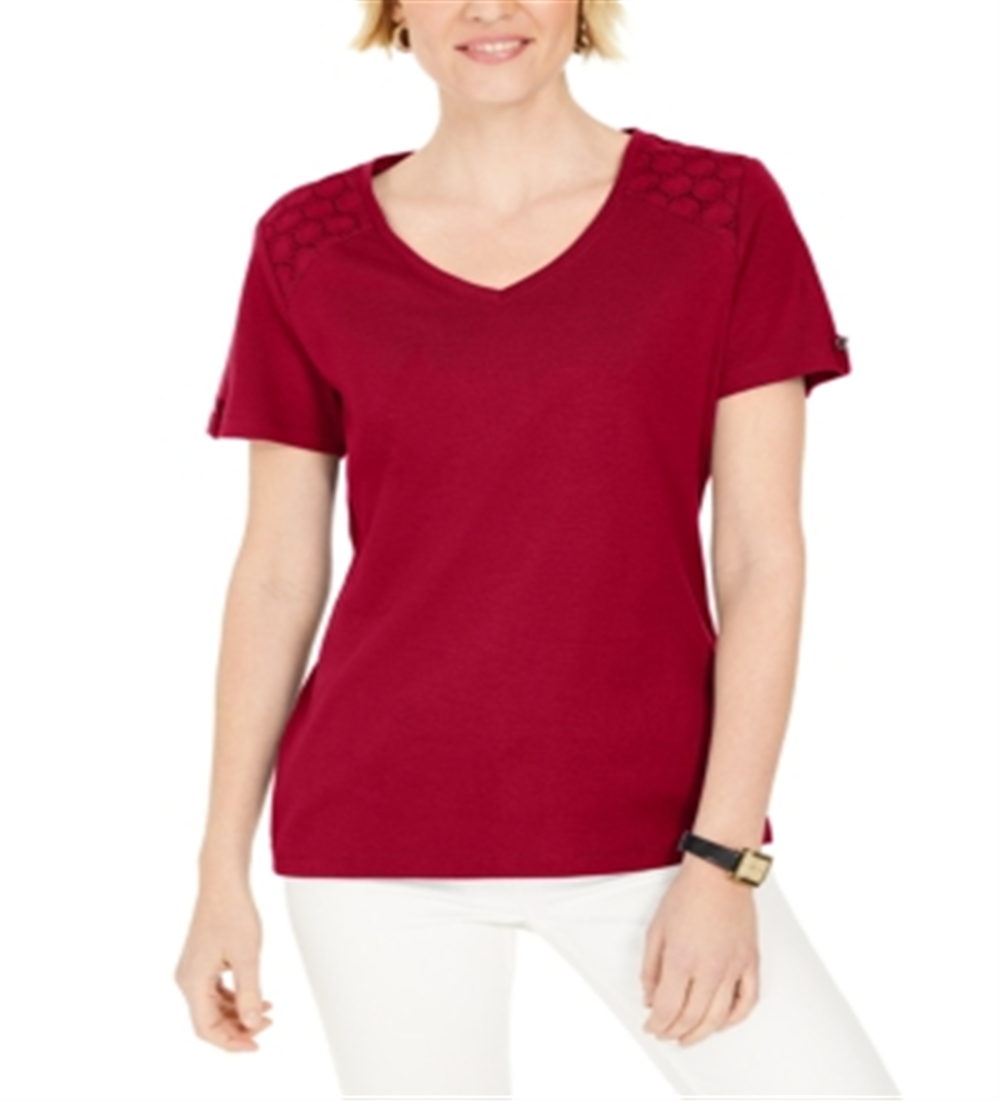 Karen Scott Women's Eyelet Shoulder V Neck Top Red Size Small