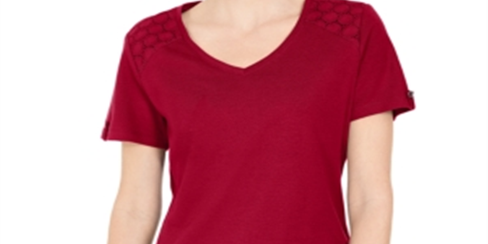 Karen Scott Women's Eyelet Shoulder V Neck Top Red Size Small