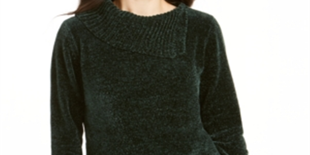 Karen Scott Women's Envelope Neck Chenille Sweater Green Size Petite