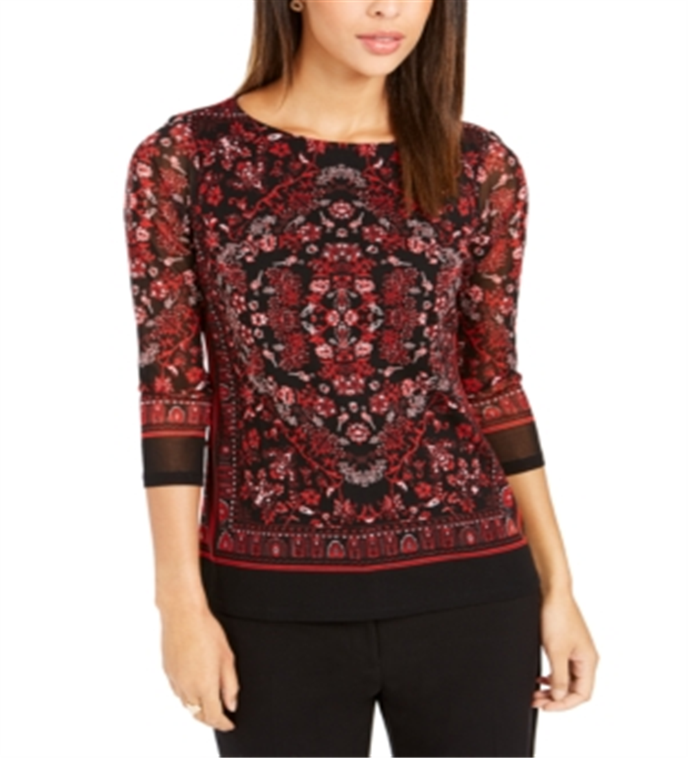 Charter Club Women's Petite Printed Mesh Top Red Size Petite XL