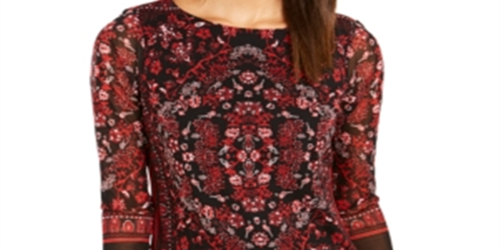 Charter Club Women's Petite Printed Mesh Top Red Size Petite XL