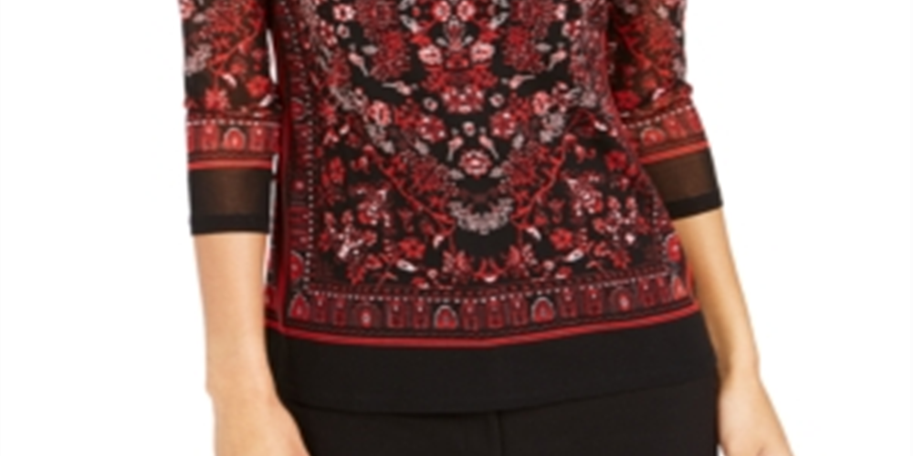 Charter Club Women's Petite Printed Mesh Top Red Size Petite XL