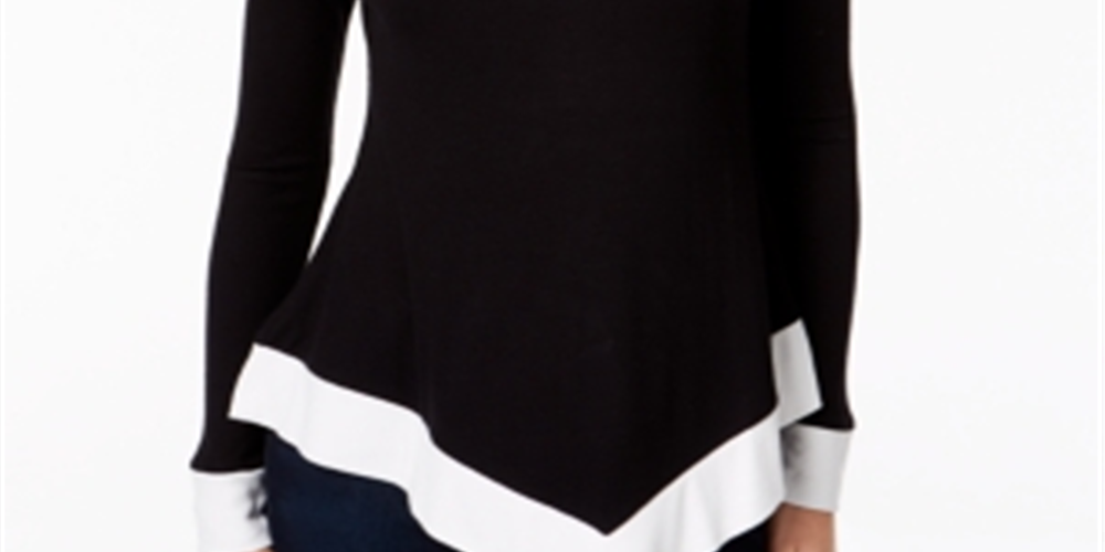 Inc Women's Petite Colorblocked Handkerchief Hem Top  - Deep Black Size Petite S