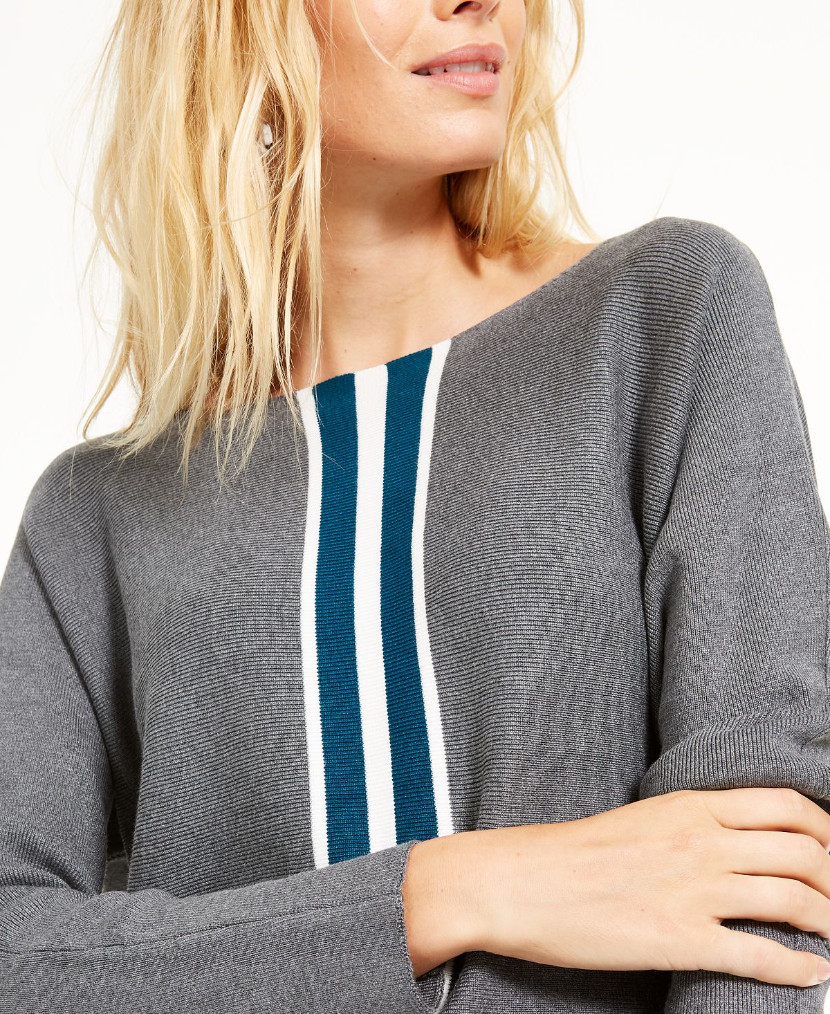INC International Concepts Women's Varsity Stripe Sweater Gray Petite L