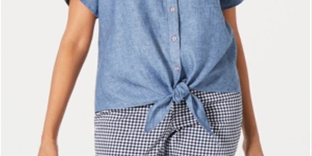 Charter Club Women's Linen Tie Front Shirt Blue Size Petite Small