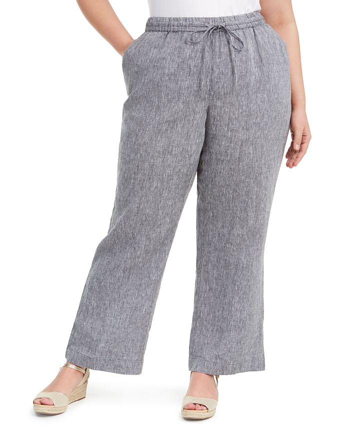 Charter Club Women's Plus Linen Straight Leg Pants Gray Size 2X