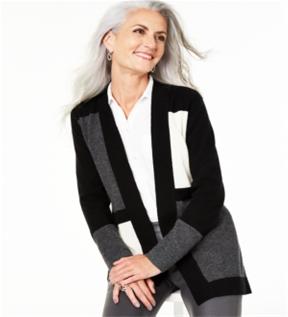 Charter Club Women's Color Blocked Pure Cashmere Cardigan Classic Black Combo Size Petite XL