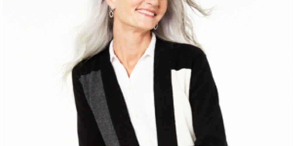 Charter Club Women's Color Blocked Pure Cashmere Cardigan Classic Black Combo Size Petite XL