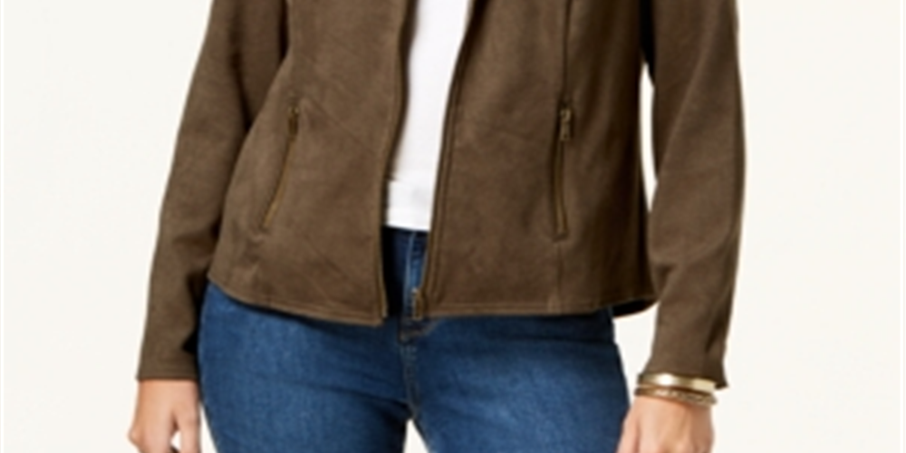 Style & Co Women's Faux Suede Moto Jacket Green Size Petite L