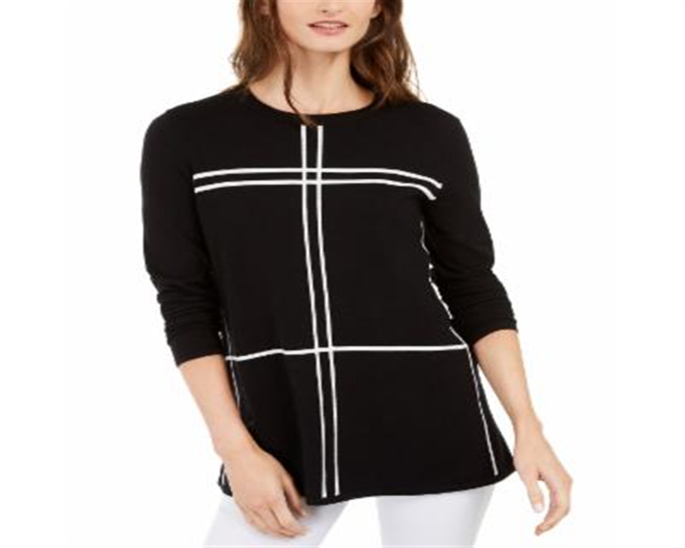 Alfani Women's Petite Grid-Pattern Sweater Black Size Petite M