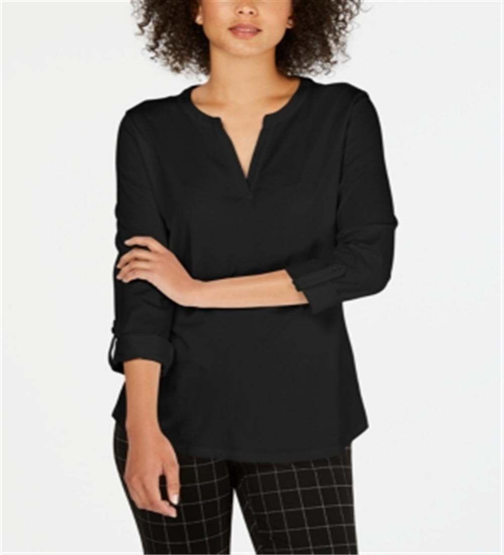 Charter Club Women's Supima Cotton Split Neck Top Black Size X-Large