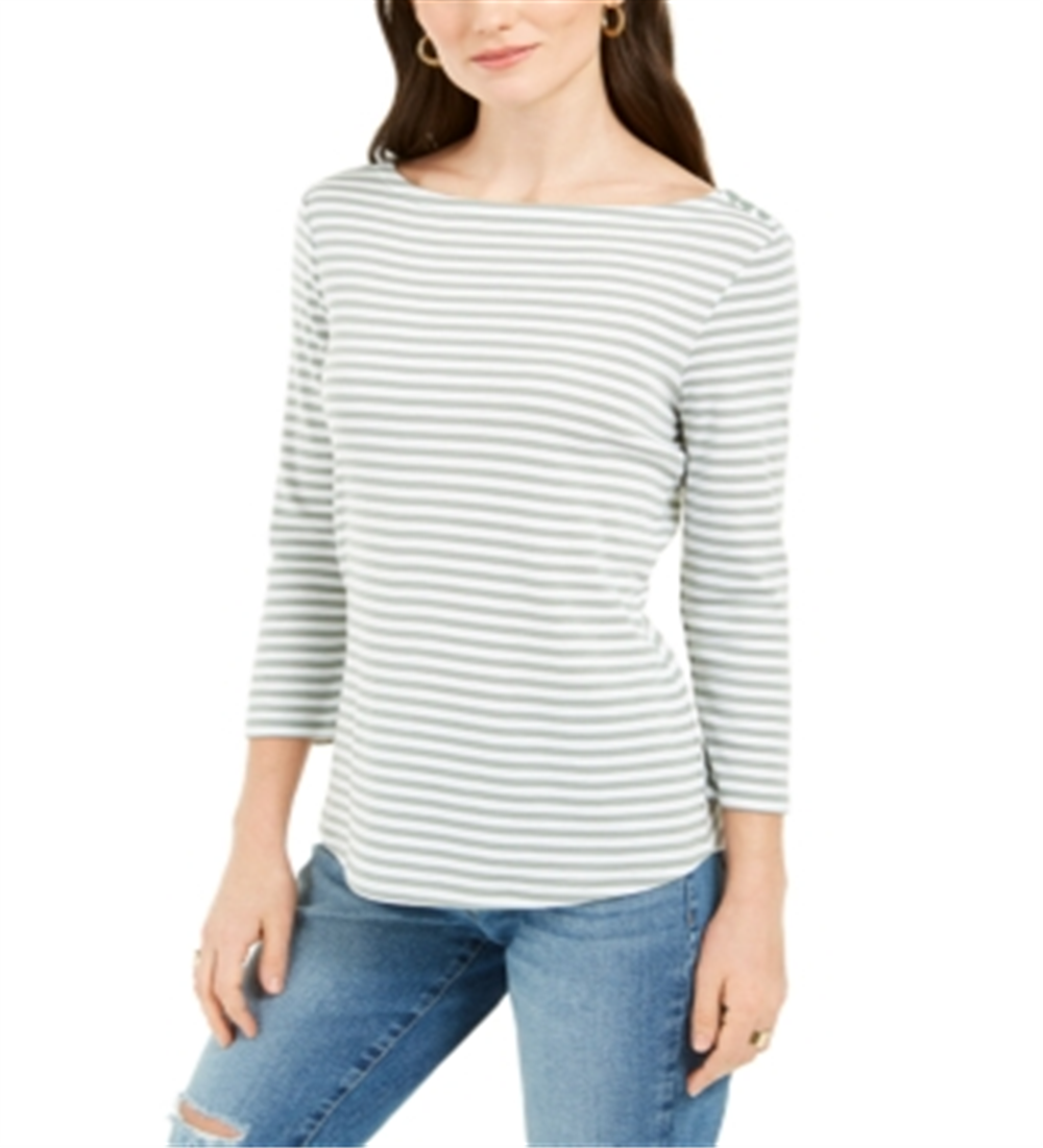 Charter Club Women's 3/4 Sleeve Striped Top Green Size S