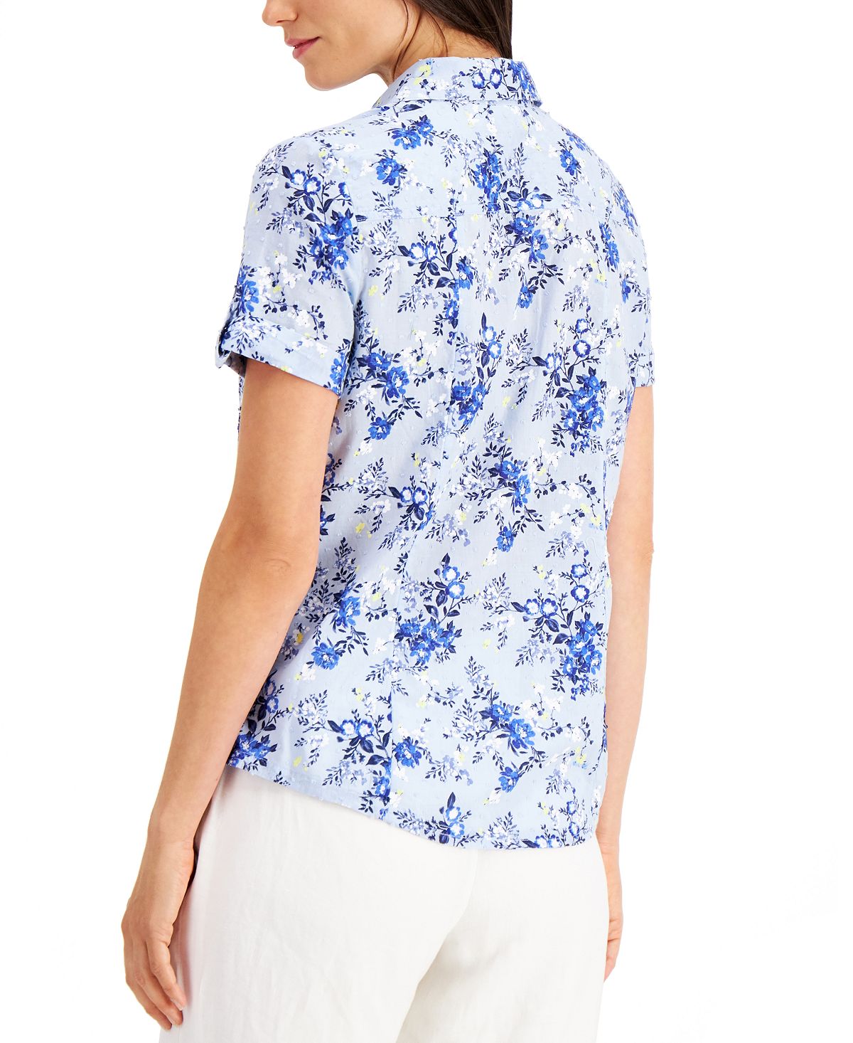 Karen Scott Women's Tuscan Garden Cotton Shirt Blue Size Petite Large