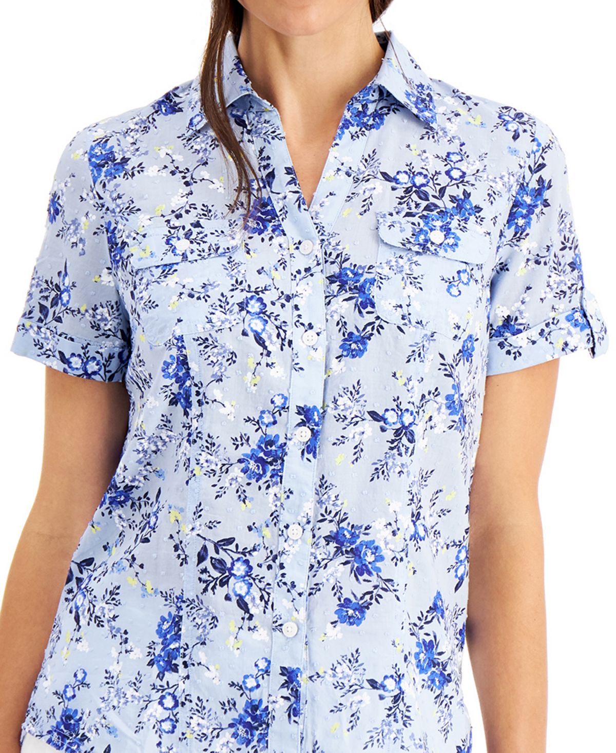 Karen Scott Women's Tuscan Garden Cotton Shirt Blue Size Petite X-Large