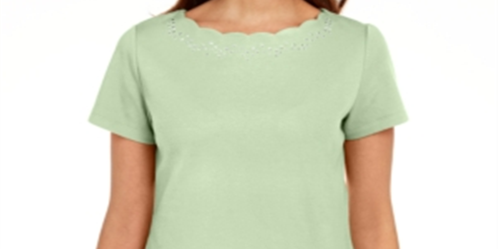 Karen Scott Women's Cotton Scalloped Neck T-Shirt Green Size X-Small