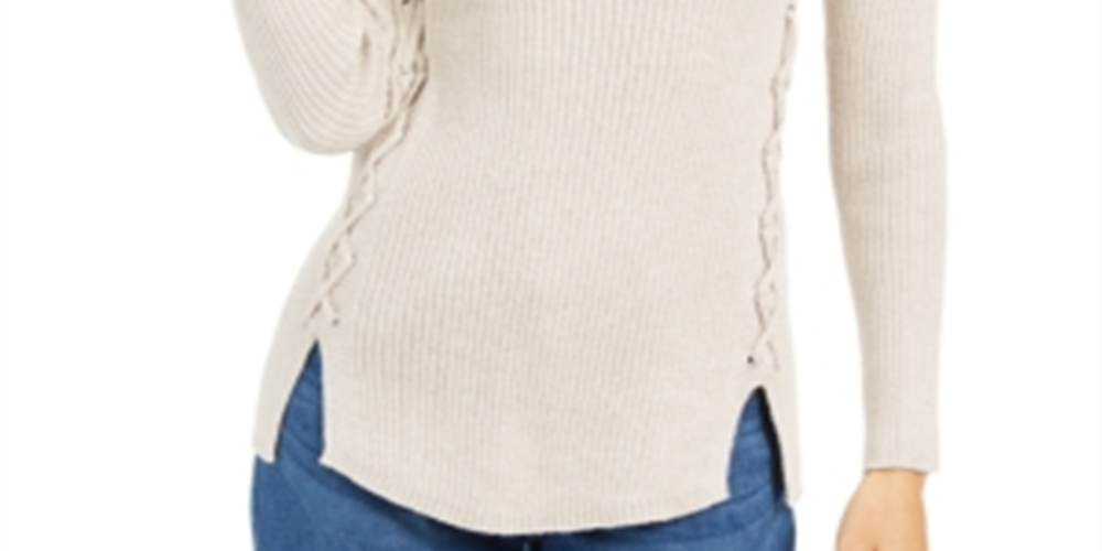 Style & Co Petite Mock-Neck Lace-up Sweater Brown Size PXL