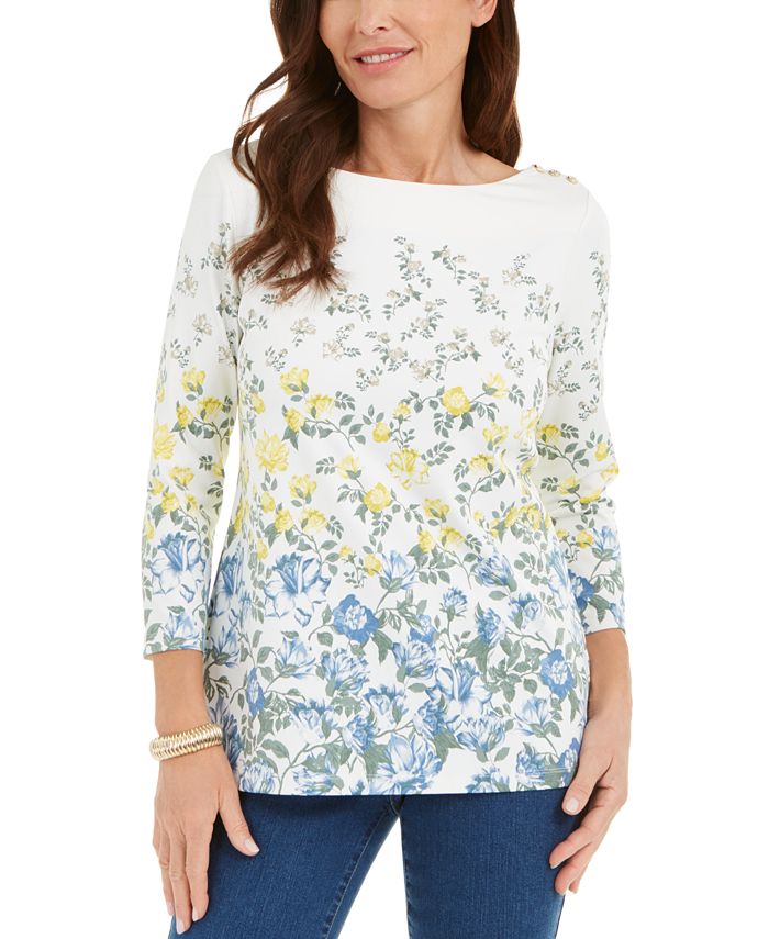 Charter Club Women's  Floral-Print Boat-Neck Top  White Size XL