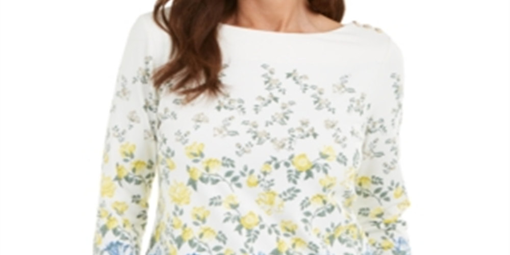Charter Club Women's  Floral-Print Boat-Neck Top  White Size XL