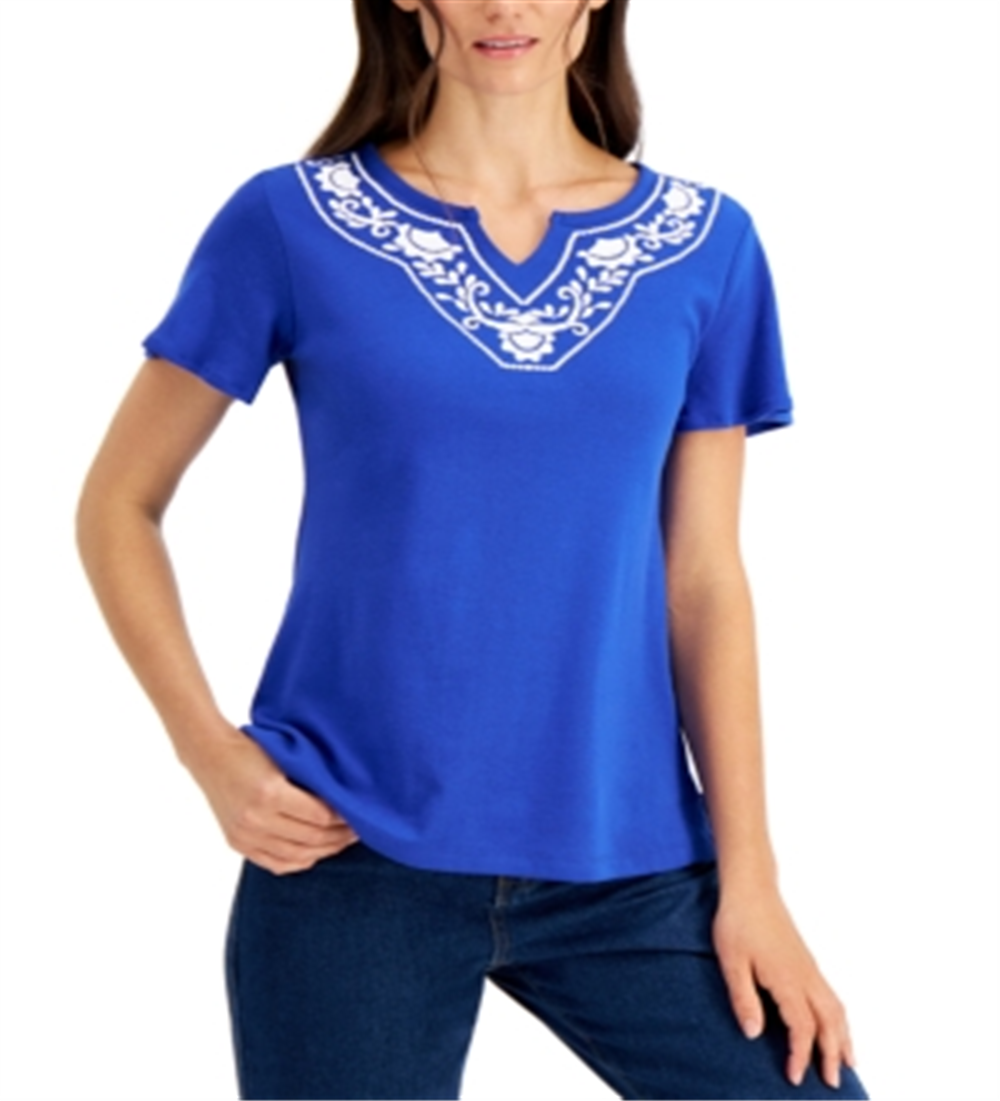 Karen Scott Women's Split Neck Top Blue Size Petite Large