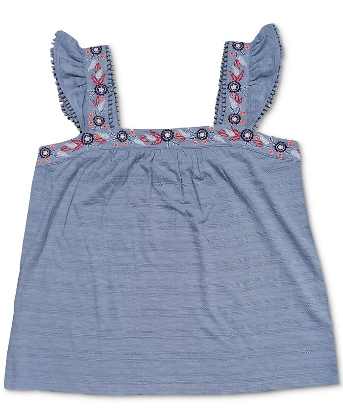 Style & Co Women's Plus Pointelle Linear Jacquard Embroidered Strap Top Blue Size 4X