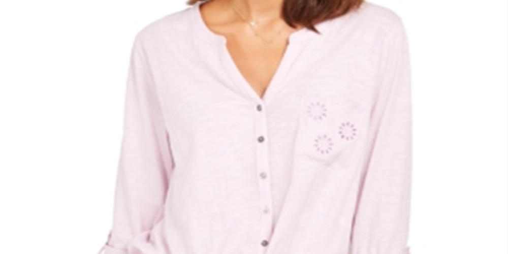 Style & Co Women's Cotton Embroidered Tie Hem Shirt Pink Size Petite Small