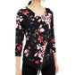 Alfani Women's 3/4 Sleeve Floral V Neck Blouse Black Size Petite Medium