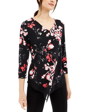 Alfani Women's 3/4 Sleeve Floral V Neck Blouse Black Size Petite Medium