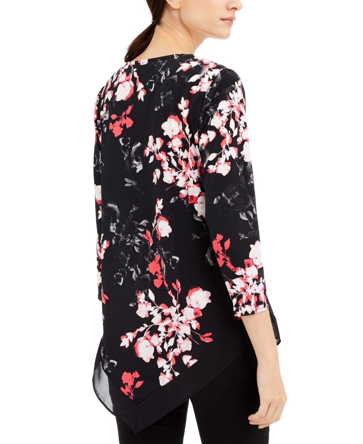 Alfani Women's 3/4 Sleeve Floral V Neck Blouse Black Size Petite Medium