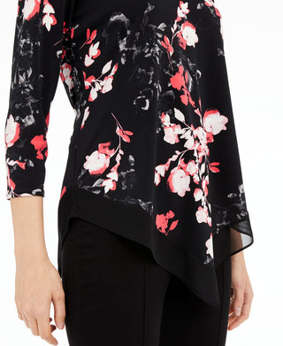 Alfani Women's 3/4 Sleeve Floral V Neck Blouse Black Size Petite Medium