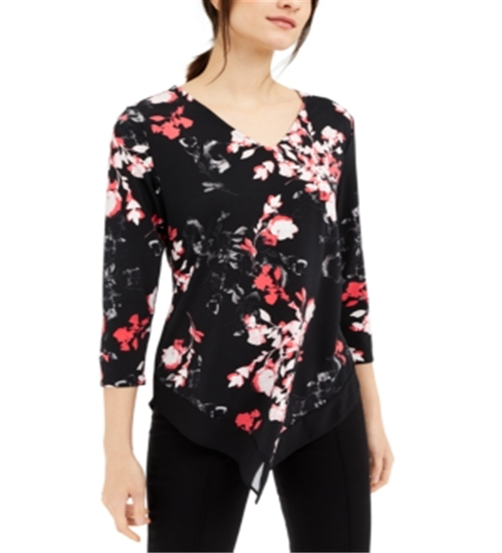 Alfani Women's 3/4 Sleeve Floral V Neck Blouse Black Size Petite Medium
