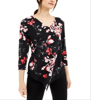 Alfani Women's 3/4 Sleeve Floral V Neck Blouse Black Size Petite Medium