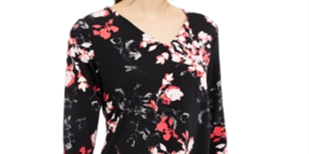 Alfani Women's 3/4 Sleeve Floral V Neck Blouse Black Size Petite Medium