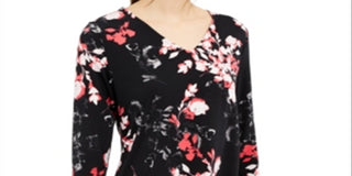Alfani Women's 3/4 Sleeve Floral V Neck Blouse Black Size Petite Medium