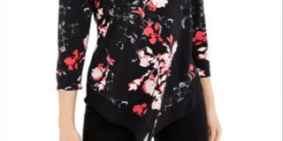 Alfani Women's 3/4 Sleeve Floral V Neck Blouse Black Size Petite Medium
