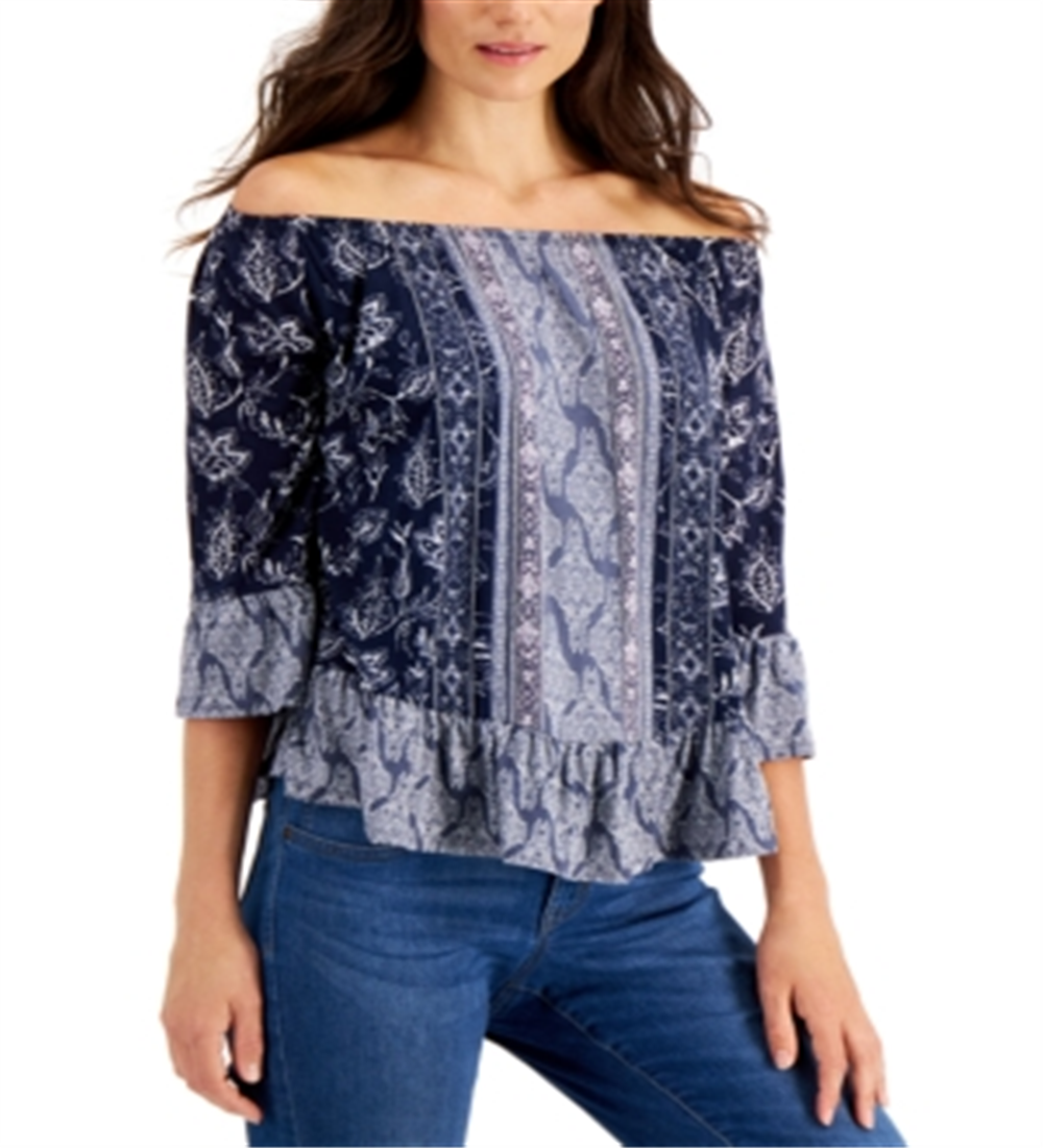 Style & Co Women's Printed Off the Shoulder Top Blue Size Petite X-Small