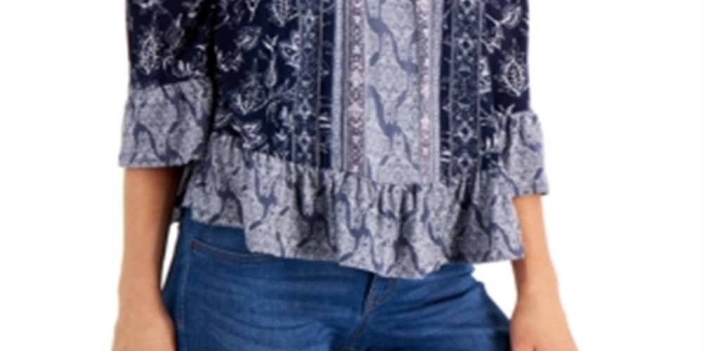 Style & Co Women's Printed Off the Shoulder Top Blue Size Petite X-Small